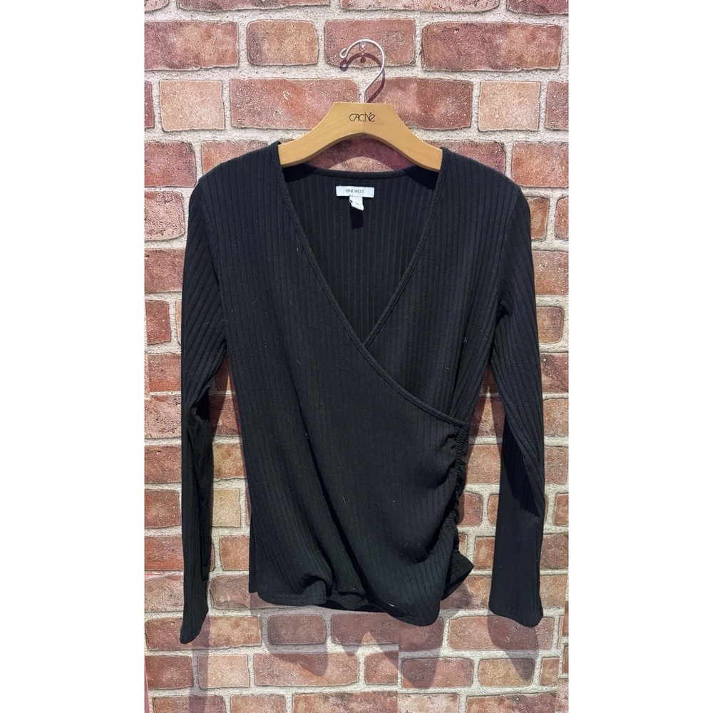 Nine West Women's Size M Faux Wrap Detail Tight Knit Long Slv Top Solid Black